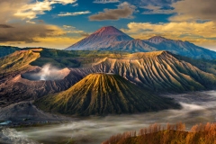 Sunrise at volcano Bromo, Java island, Indonesia. Panoramic aerial view
